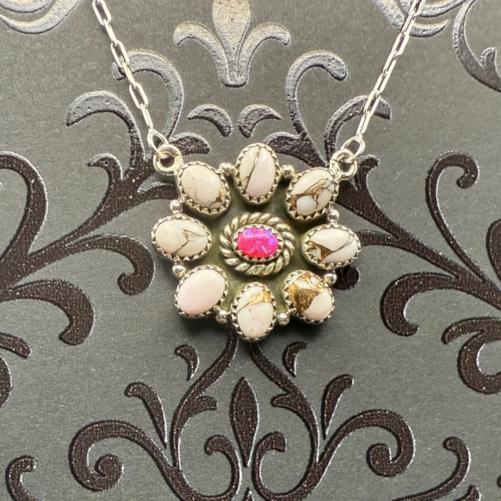 New Solid 925 Sterling Silver Pink Opal and Angel Dahlia Pendant Necklace
